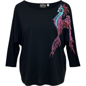 Bob Mackie Wearable Art Top Womens Size XL Black Sequin Phoenix Embroidered